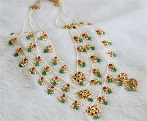 Gold tone kemp-green-white green-pearl beaaded flower step haar set dj ...