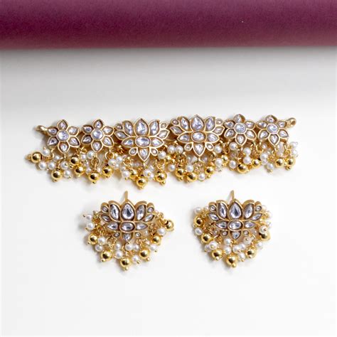 Traditional Lotus Jadau Kundan Choker Set - White – Happy Pique