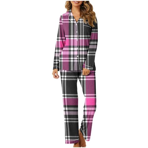 FAIWAD Womens Plaid Pajama Sets Long Sleeve Lapel Shirt and Pajamas ...