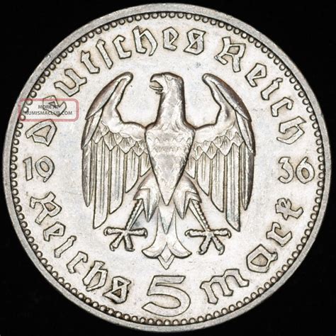 Ww2 German 5 Mark Silver Coin 1936 J Third Reich Hindenburg No Swastika ...