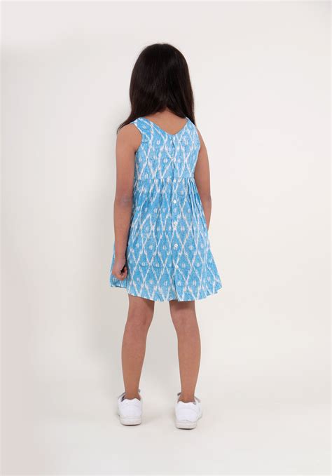 Girl's Block printed Fit and Flare Dress Ikkat Kantha