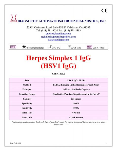 Herpes Simplex 1 IgG (HSV1 IgG) - ELISA kits - Rapid tests