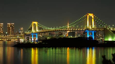 Download wallpaper 2560x1440 bridge, lights, glow, river, reflection ...