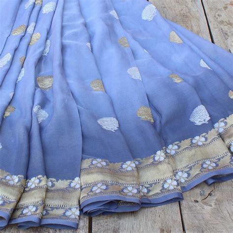 Blue-Grey Ombre Pure Chiffon Georgette Banarasi Handloom Saree - Tilfi