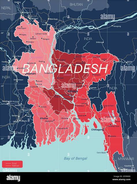 Bangladesh country detailed editable map with regions cities and towns, roads and railways ...