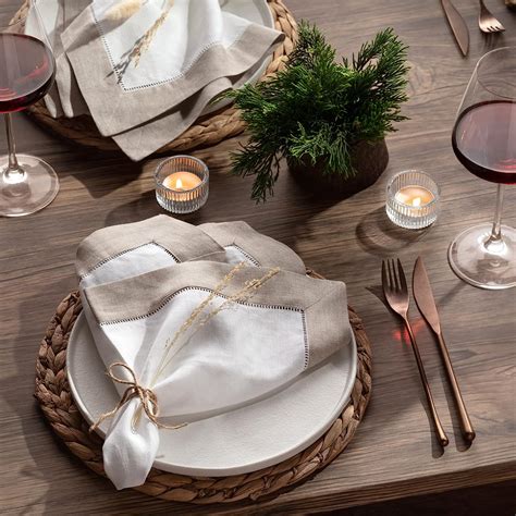 Buy O'lucio Linen Dinner Napkins - Natural Beige and White Set of 4, 20 ...