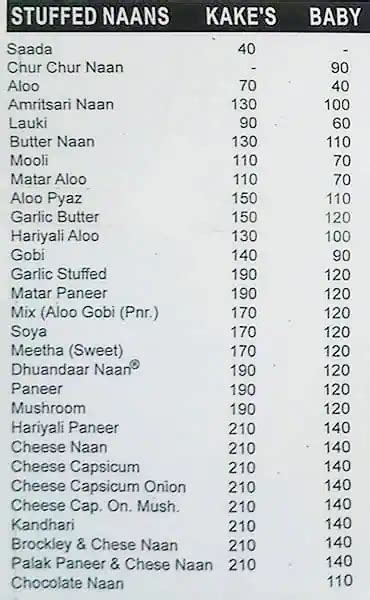 Menu at Kake Di Hatti, New Delhi, Church Mission Rd