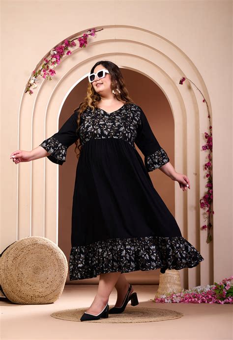 Plus Size Black Printed Rayon Frill Dress – DESINOOR.COM