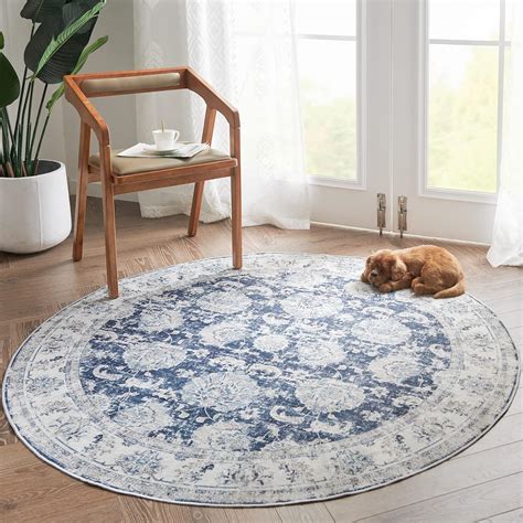 jinchan Round Rug 5Ft Area Rug Persian Rug Dark Blue Vintage Floor Mat ...