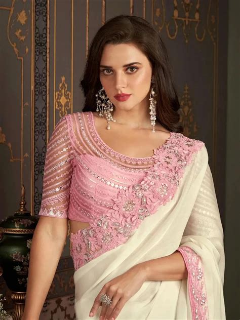 Off-White Sequin Party Wear Saree with Stunning Pink Blouse - VJV Now ...