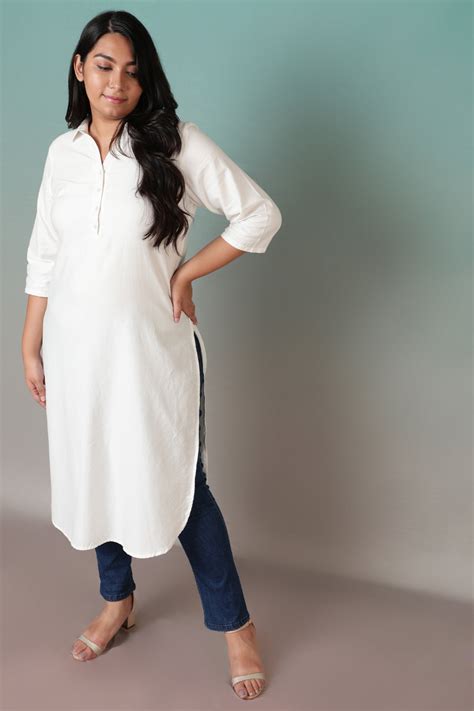 Buy Comfortable White Collar Kurta For Plus Size Ladies | Amydus