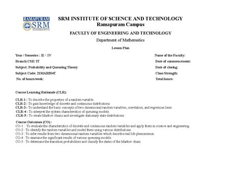 Lesson plan 21MAB204T - Summary Probability and Queuing Theory - SRM ...