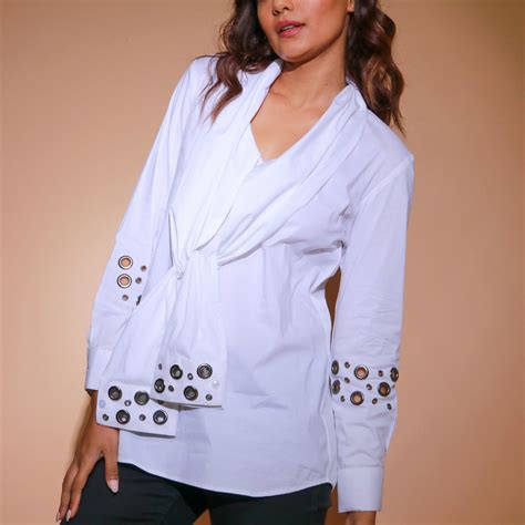 White four sleeves shirt with eyelet detailing. – ECHKE