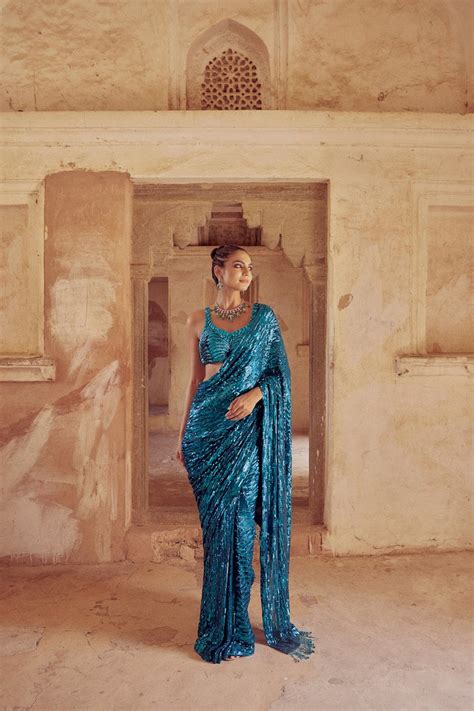 Buy Ophelia Teal Hand Embroidered Saree | Rouje – Rouje