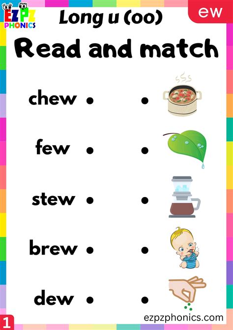 ew Words Long u (oo) Read and Match the Image Worksheet PDF Download - ezpzphonics.com
