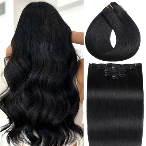 Amazon.com : Clip in Hair Extensions Real Human Hair Jet Black Hair ...