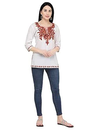 Buy QAZMI Women's Cotton Embroidered Regular Kurta (ornu1-S_White at ...