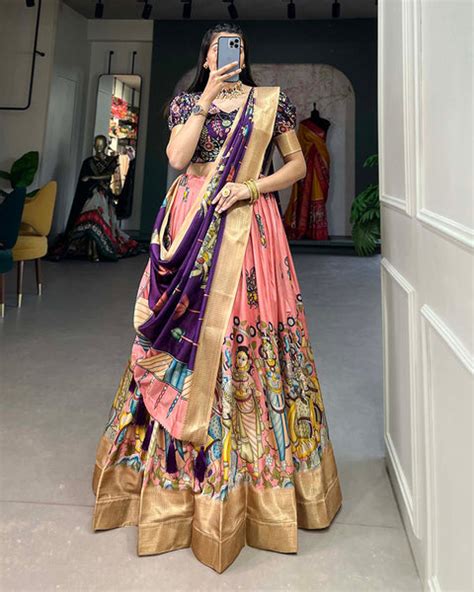 Peach Color Dola Silk Designer Kalamkari Print Lehenga Choli – subhvastra