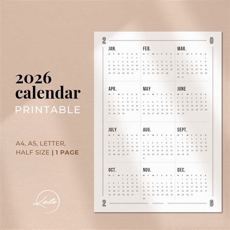 Printable Yearly Calendar 2026 Desk Calendar Wall Calendar - Etsy