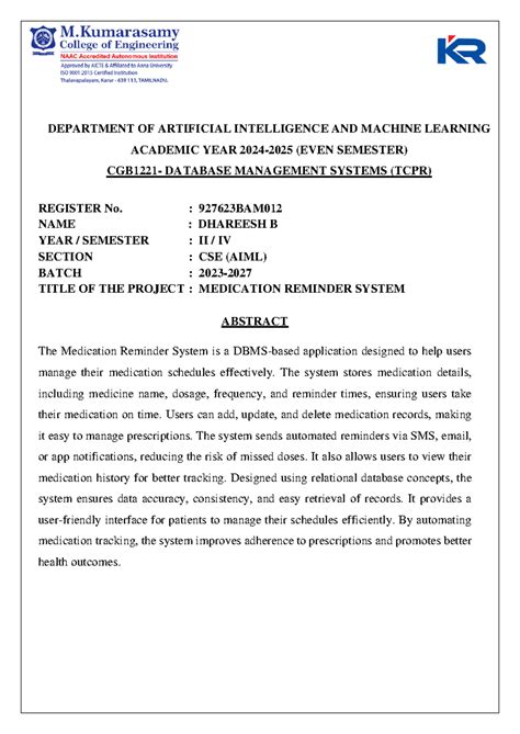 Medication Reminder System Project (TCPR) - Dhareesh B - Studocu