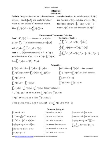 Image result for Definite Integral Cheat Sheet