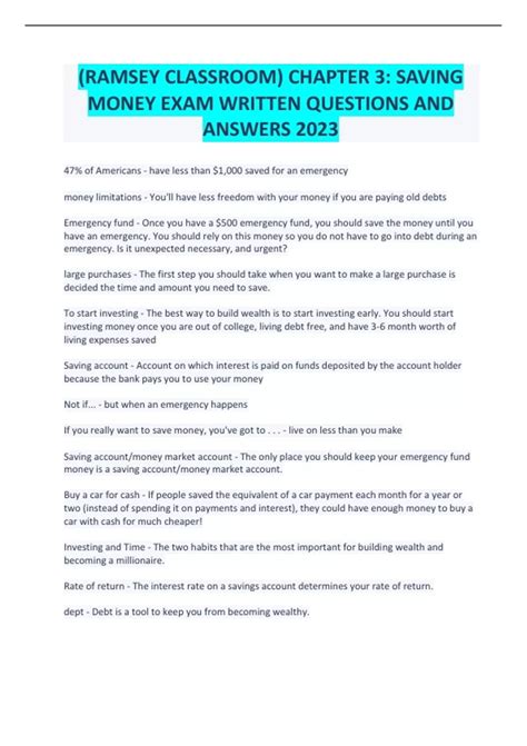 (RAMSEY CLASSROOM) CHAPTER 3 SAVING MONEY EXAM WRITTEN QUESTIONS AND ...