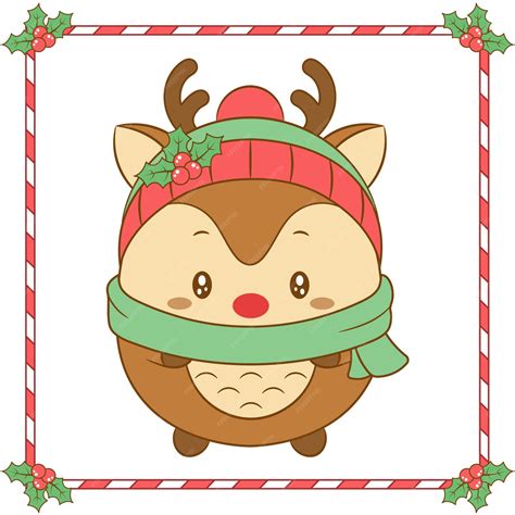 Merry Christmas schattig rendier tekenen met kerst bessen hoed en ...