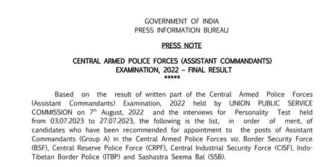 UPSC CAPF AC Result 2022 Out, Check Download Link