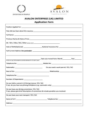 Fillable Online Job application form - Avalon Enterprise (UK) Fax Email ...