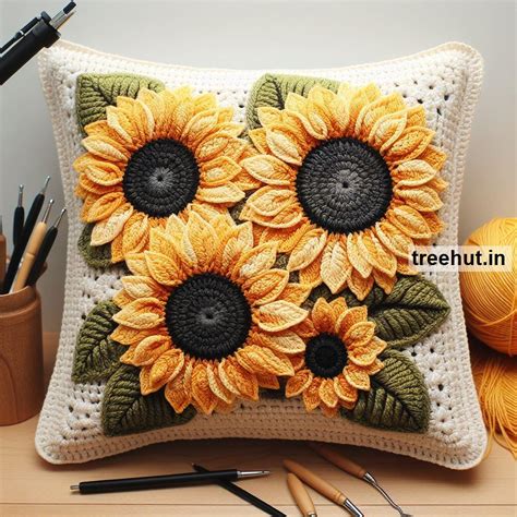 Sunflower Crochet Ideas for Home, Cushions, Bedcover, Grocery Bags