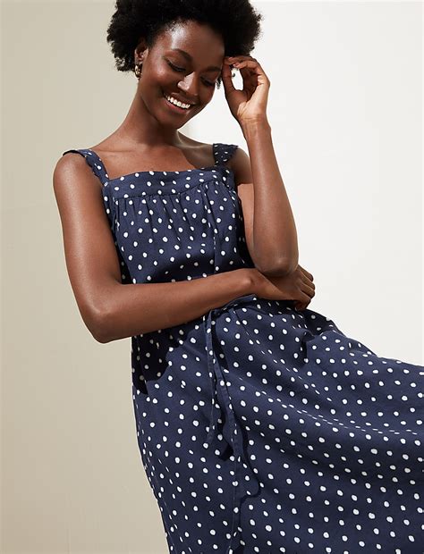 Buy Linen Rich Polka Dot Square Neck Midi Dress at Marks & Spencer