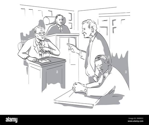 Drawing pen and ink style sketch illustration of a courtroom trial ...
