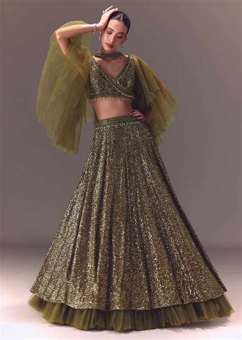 Green Sequin Frill Blouse With Lehenga And Choker Dupatta| KALKI ...