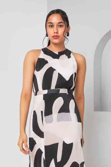 Buy Black Satin, Chiffon Round Neck Micro Pleated Abstract Print Midi ...