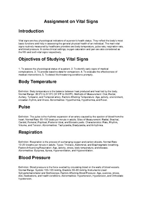 Vital Signs Assignment: Key Indicators of Health Status - Studocu