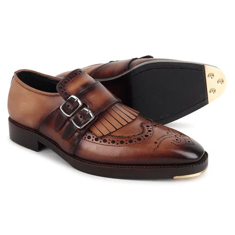 Men’s Tan Brown Leather Double Monk Strap Brogue Shoes | Premium Forma