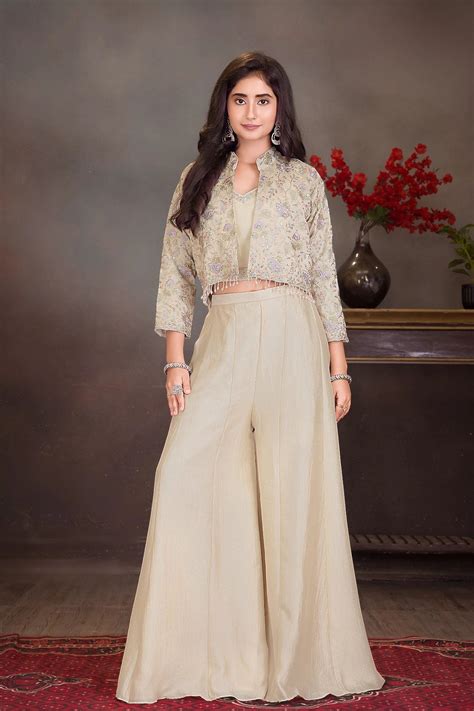 Cream Embroidered Palazzo Set with Crop Top & Jacket For Girls ...