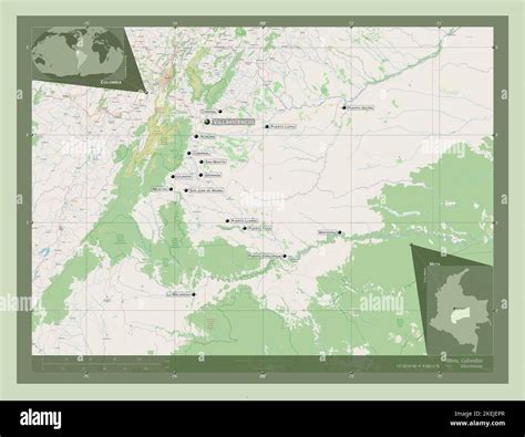 Meta, department of Colombia. Open Street Map. Locations and names of major cities of the region ...
