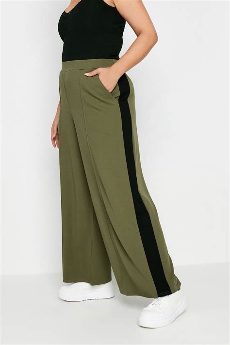 YOURS Plus Size Khaki Green Side Stripe Wide Leg Trousers | Yours Clothing