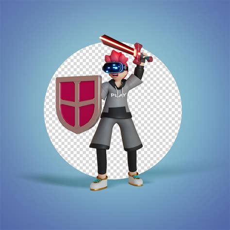 Stehende Männer verwenden VR mit Schwertern und Schild. Spielen Sie das ...