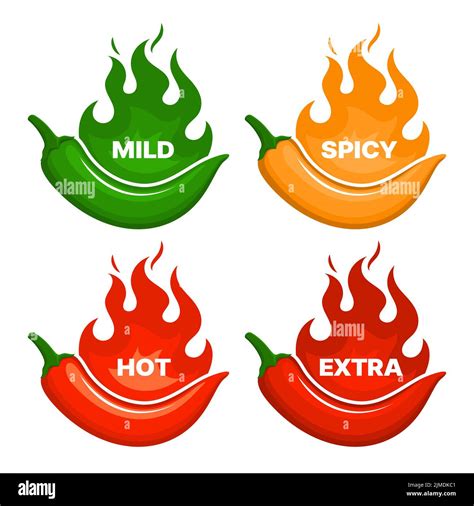 Spicy level of hot chili peppers with fire flames. Vector labels of ...