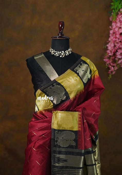 Majestic Maroon - Raw Silk Saree with Peacock Elephant Border | Manjar ...