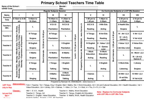 AP PS 6 Teacher's Schools Time Table All in one page