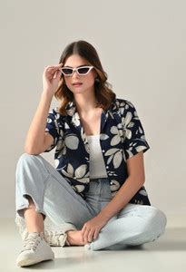 FUBACK Women Floral Print Casual Blue Shirt - Buy FUBACK Women Floral ...