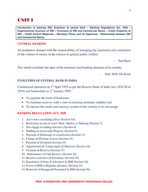 Banking Theory I Unit - R - UNIT I Introduction to banking RBI ...