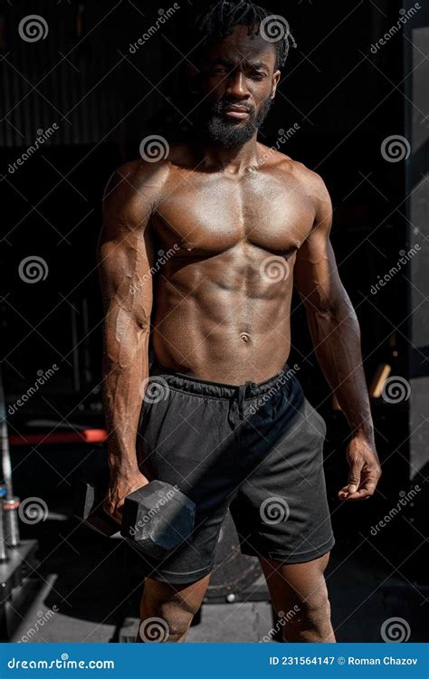 Powerful Strong African Athletic Men Pumping Up Muscles Workout ...