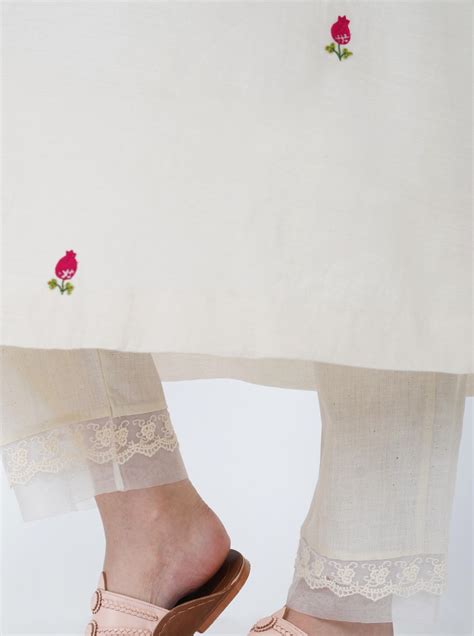 SAAWAN IVORY CHANDERI HAND EMBROIDERY FLORAL EMBROIDERY KURTA WITH LAC ...