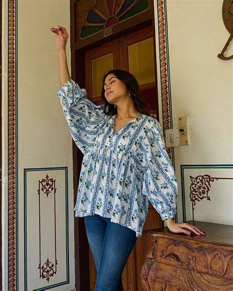 Hand Block Printed Cotton Peplum Top V Neck with Tie Up, 3/4 Sleeves ...