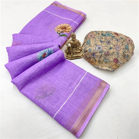 Elegant Lavender Floral Digital Printed Linen Cotton Saree With Woven