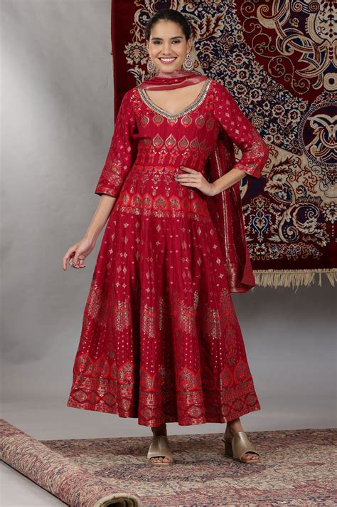 Buy Pink Yarn Dyed Embellished Brocade Anarkali Dress and Dupatta Set ...